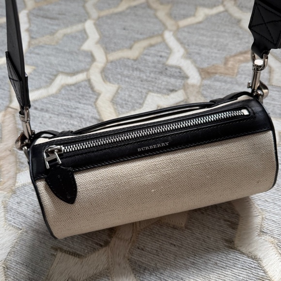 Burberry Handbags - Burberry The Barrel Leather & Canvas Cyan White Small Shoulder Bag